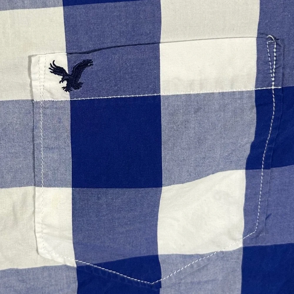 American Eagle Mens XL Athletic Fit Blue White Buffalo‎ Check Button Down Shirt